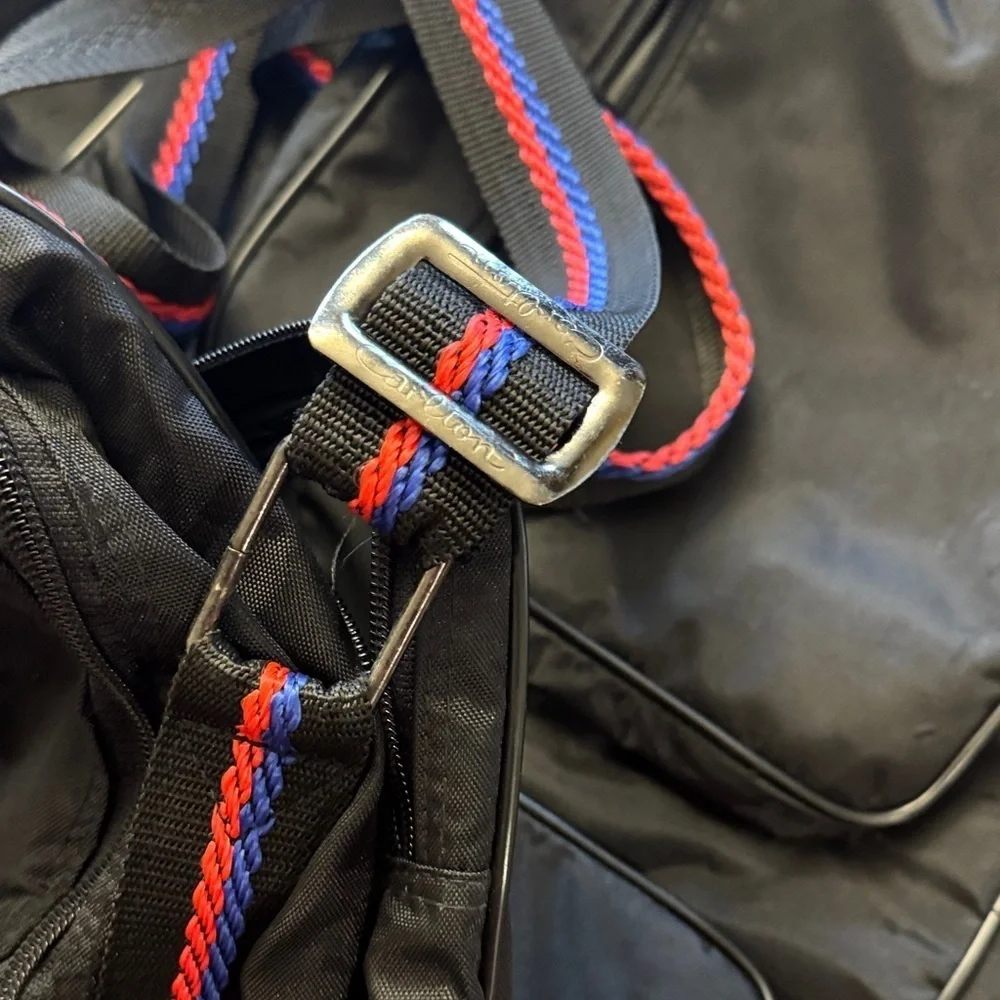 Carlton VTG Stylish Black Classic Nylon Duffel Bag with Red and Blue Accents